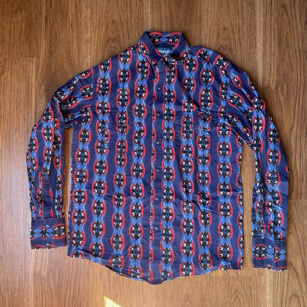 Wrangler Brushpopper Shirt Mens M Blue Aztec Pearl Snap Rodeo Cowboy Western